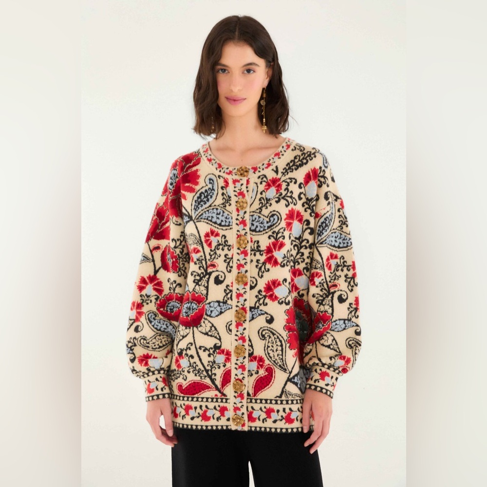 FARM Rio Women's Floral Cardigan - Red, Cream, Black- Sand Francesca Knit NWT